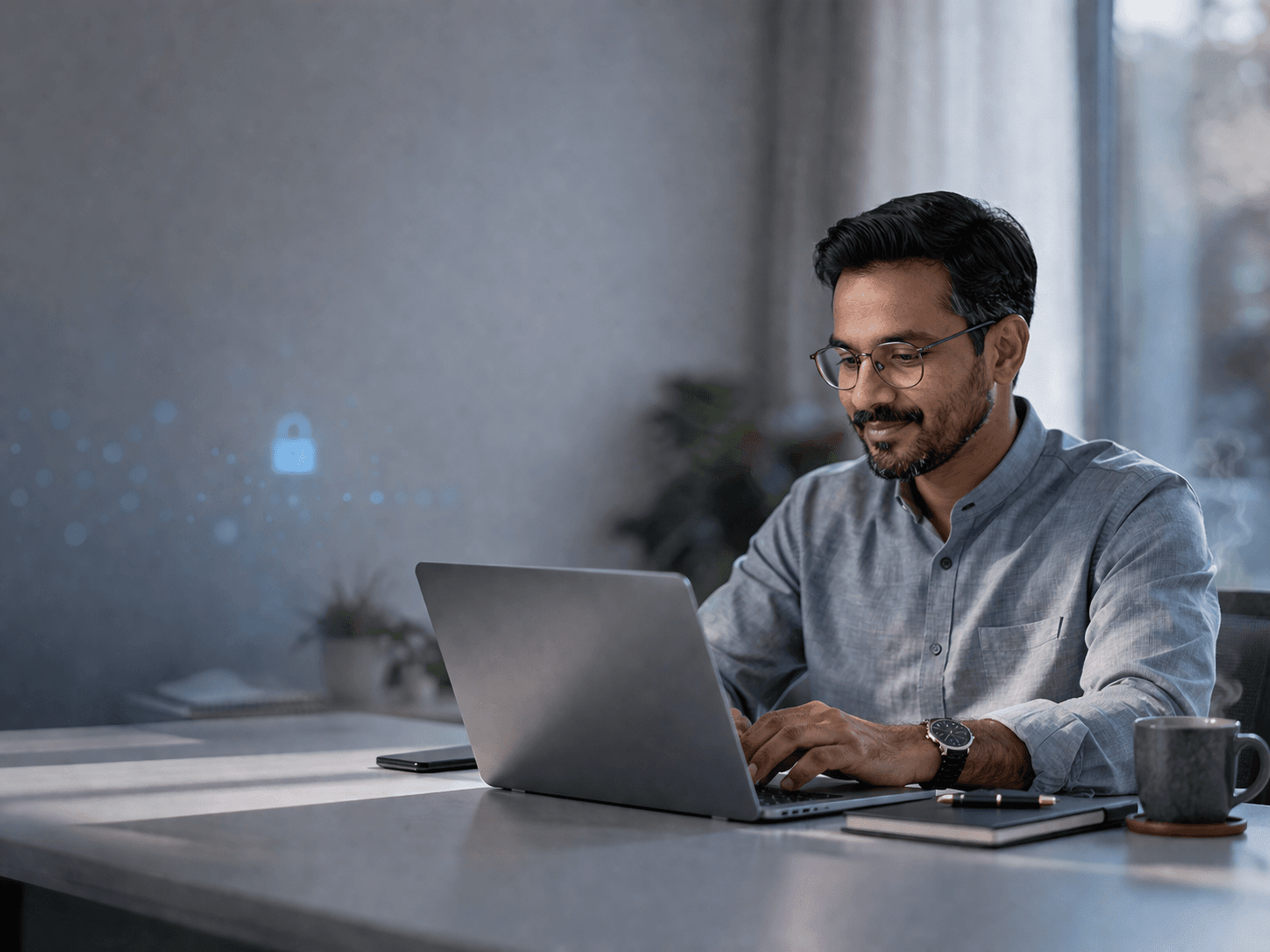 Professional working securely with subtle blue highlights suggesting data protection